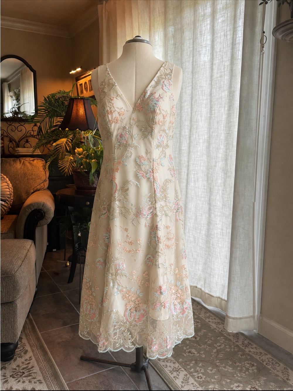 BHLDN Cream Midi Dress with Pastel Floral Embroidery